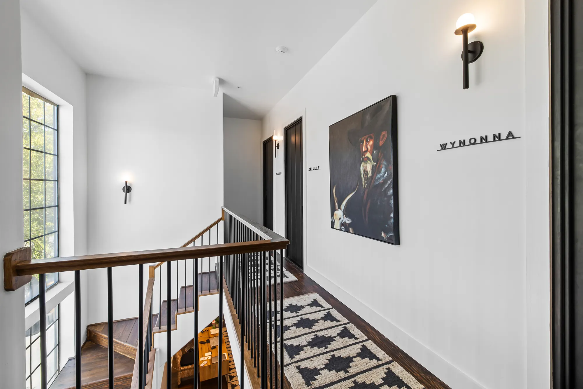 Upstairs landing with named doors and a cowboy portrait, Gruene River Inn