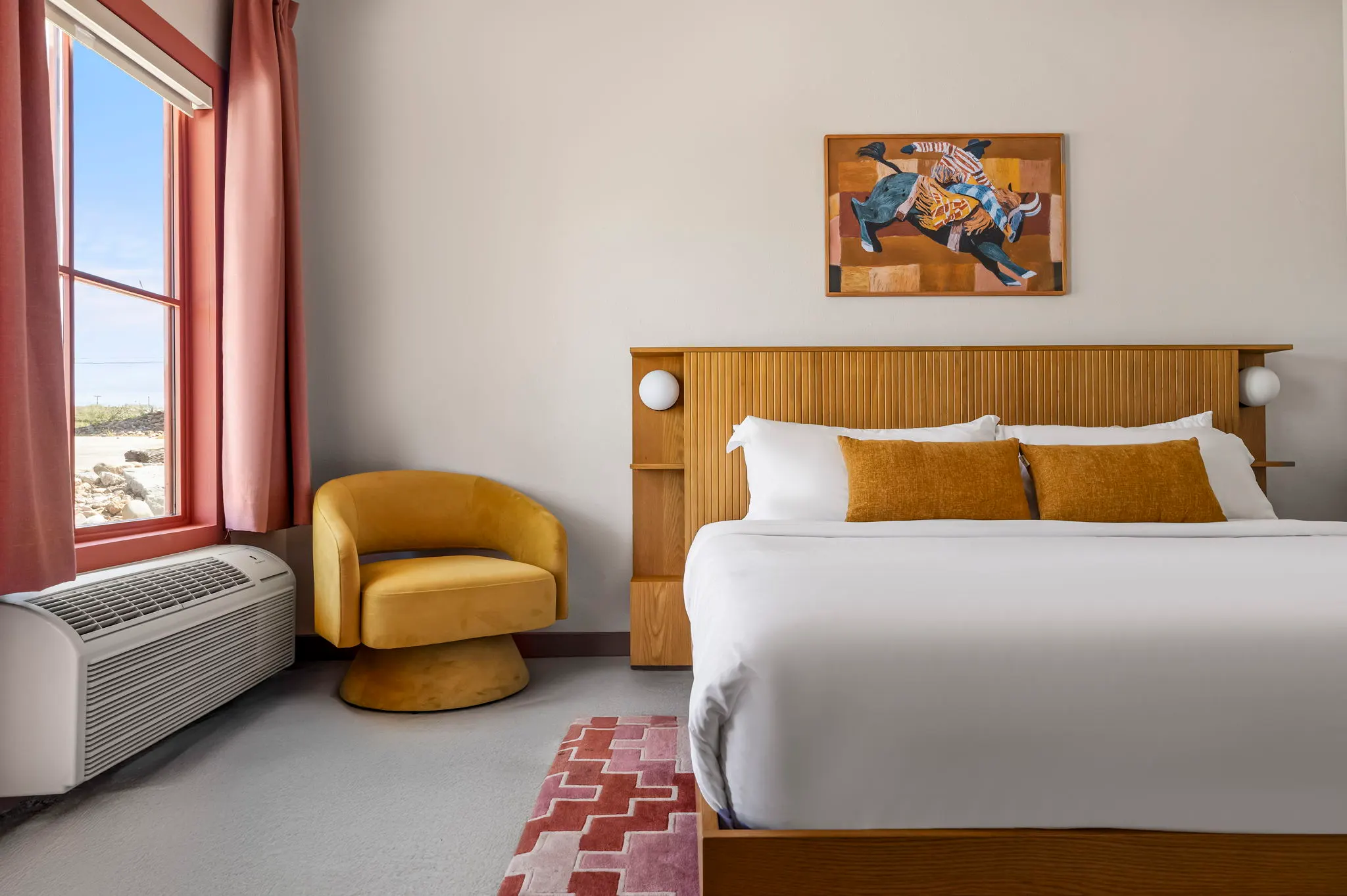 Two-queen room with green headboards over a terracotta floor, Hacienda del Rio